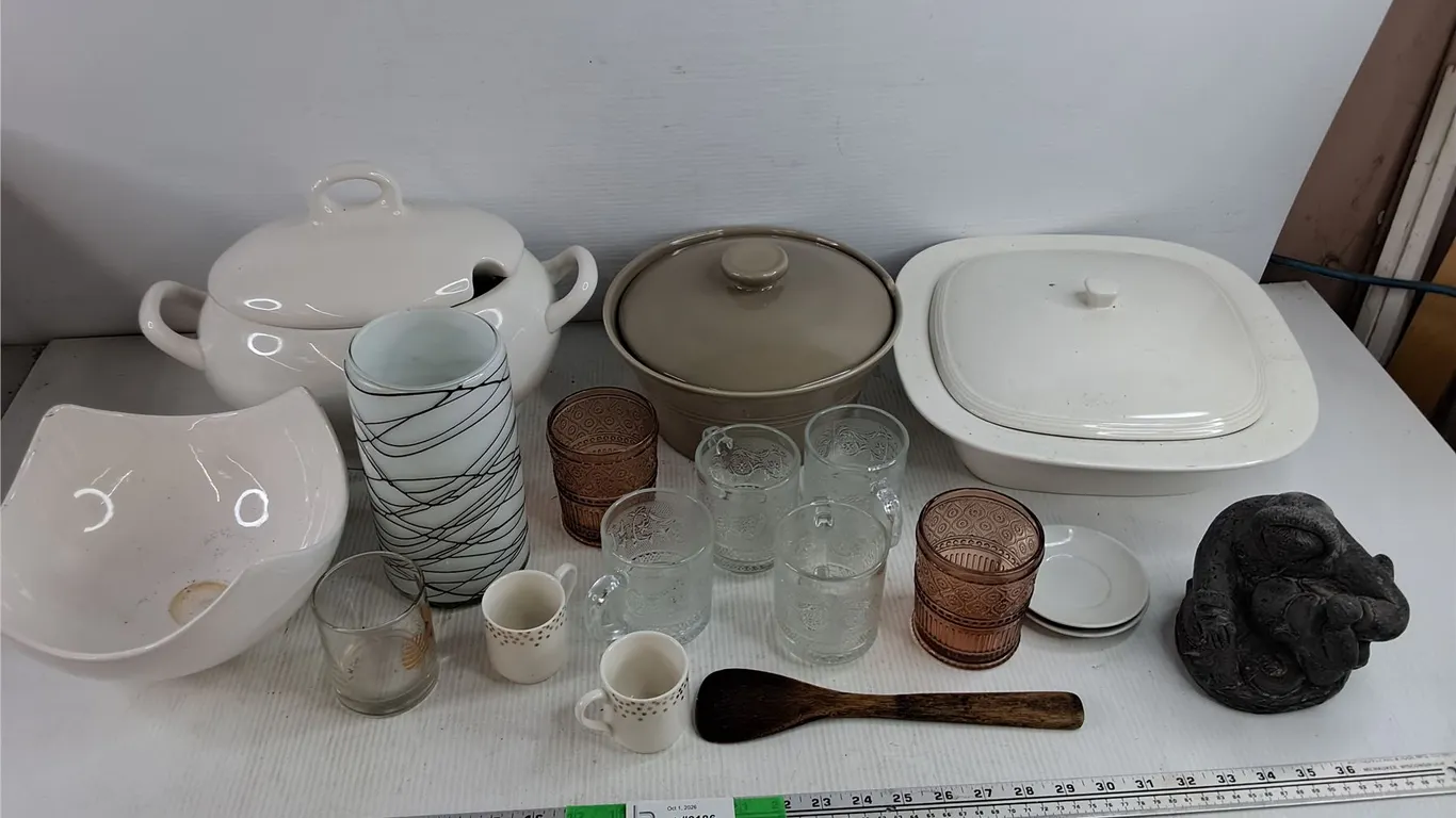 Ceramic Soup Dish, Ceramic Bowls, Glass Vase, Cups, Spatula, Inuit Figure, Misc