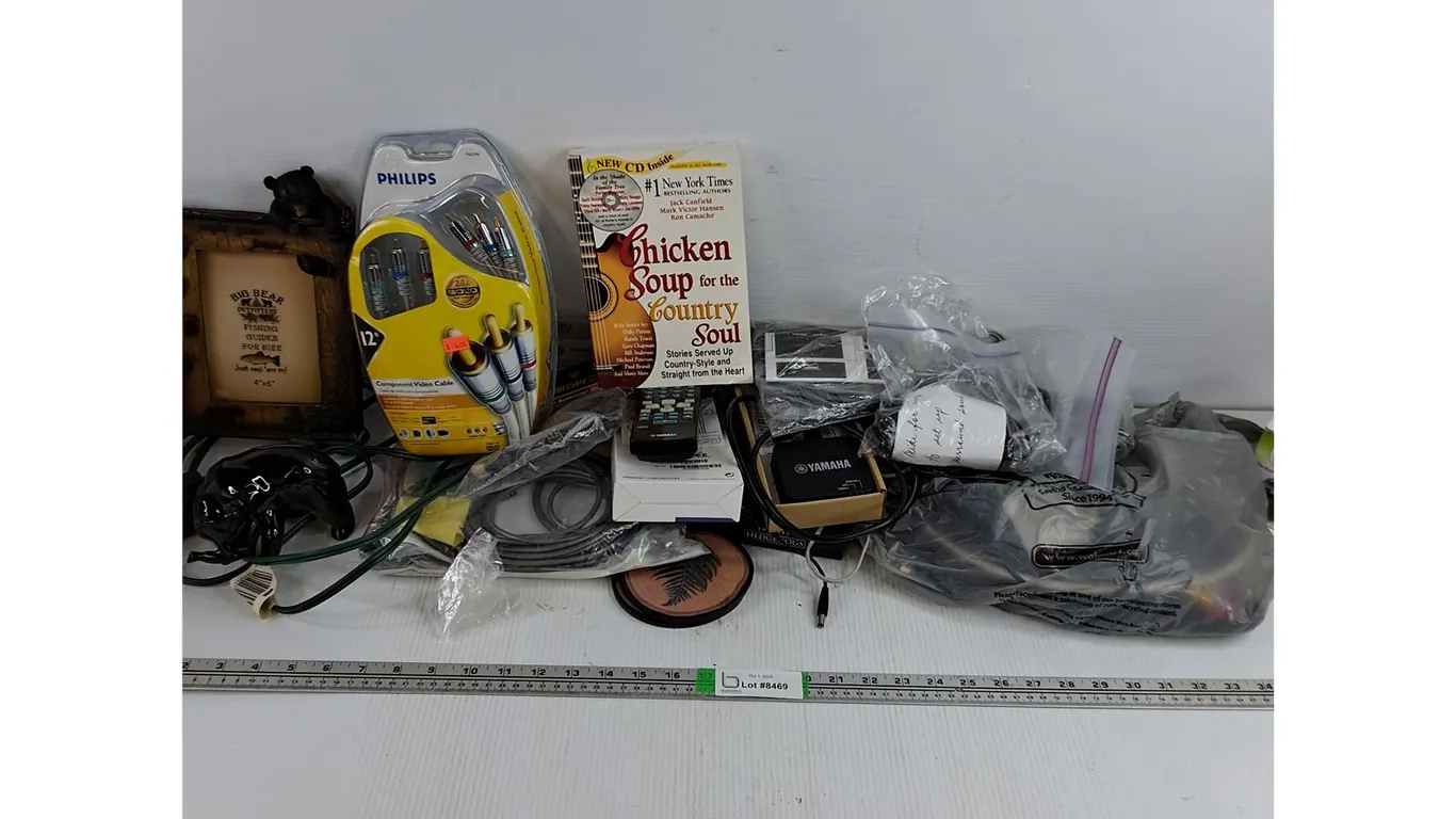 Assorted Electronic Hardware,Speaker Wire,Video Cables,Picture Frame,Book,Ornament,Misc.