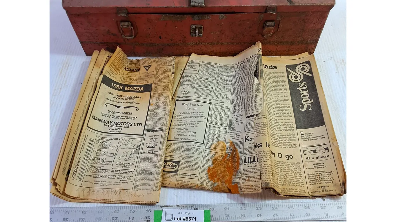 Metal Toolbox (20x6x6") & 1985 Newspapers