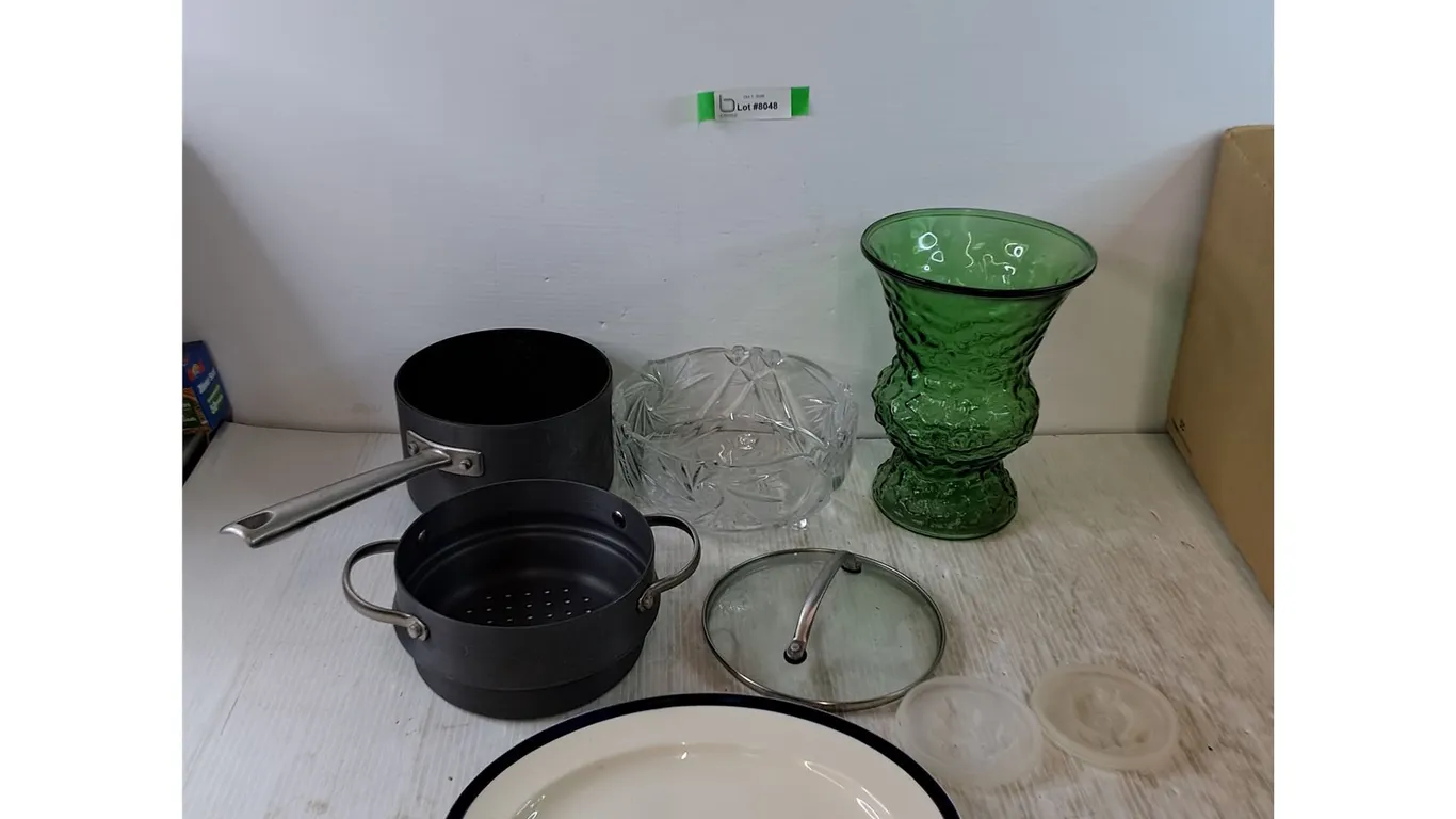 Large Green Glass Vase and Candy Bowl, Pot with Strainer and Lid, Plate, (2) Small Tupperware Lids