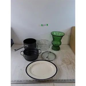 Large Green Glass Vase and Candy Bowl, Pot with Strainer and Lid, Plate, (2) Small Tupperware Lids