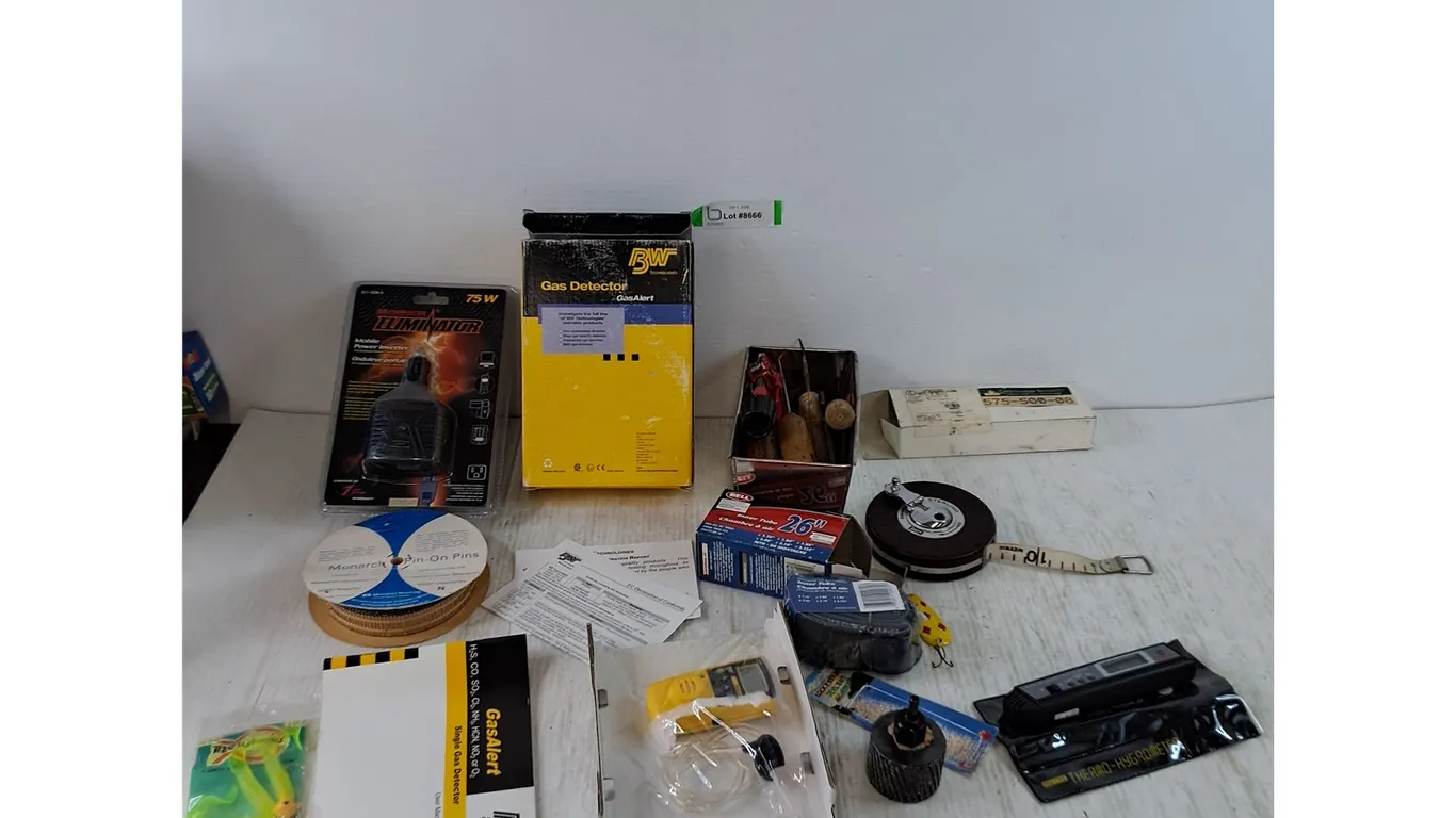 Gas Detector Untested, Thermo-Hygrometer Works, Metric Measurement Tape, Pin-On Pin Spool, Misc