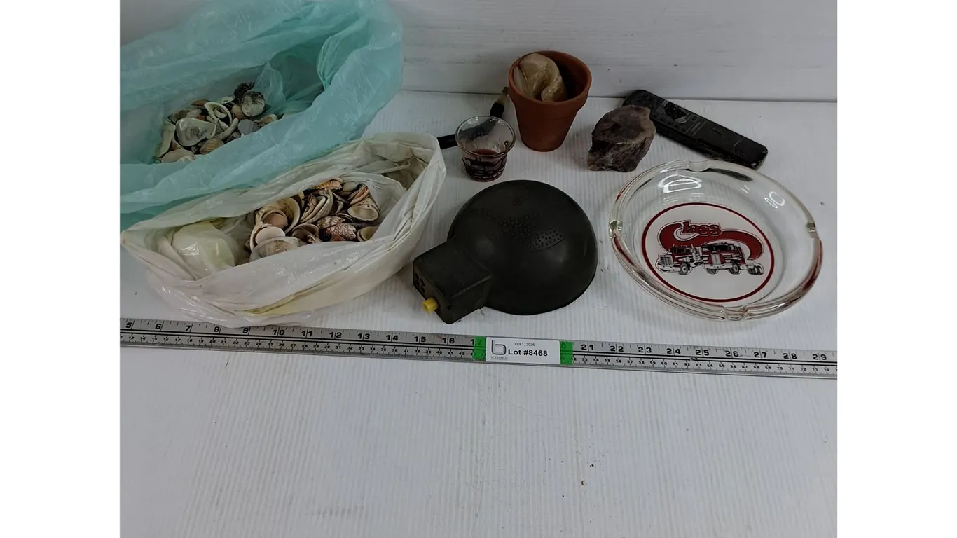 Vintage Clear Glass Ashtray,(2) Bags of Seashells,Misc.