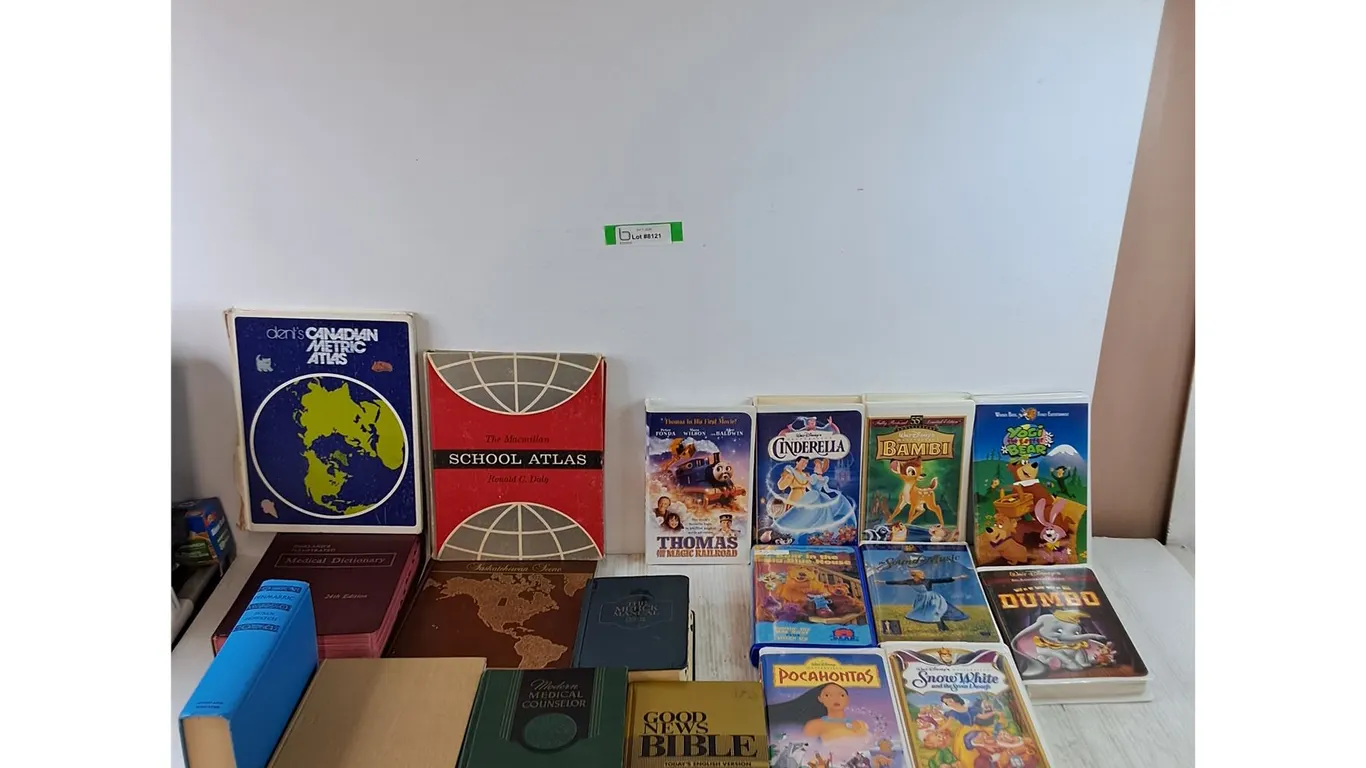 (9) Books, Atlases, Dictionaries, Fiction, (11) VHS Tape Bear in Big Blue House Sound of Music Misc