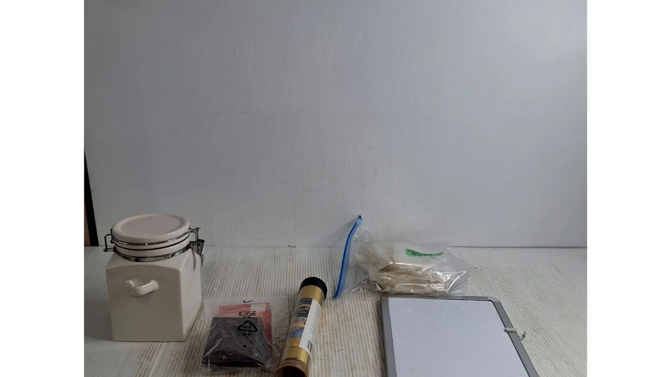Tray Of Plastic Bags, White Board, Coffee Container, Gold Foil