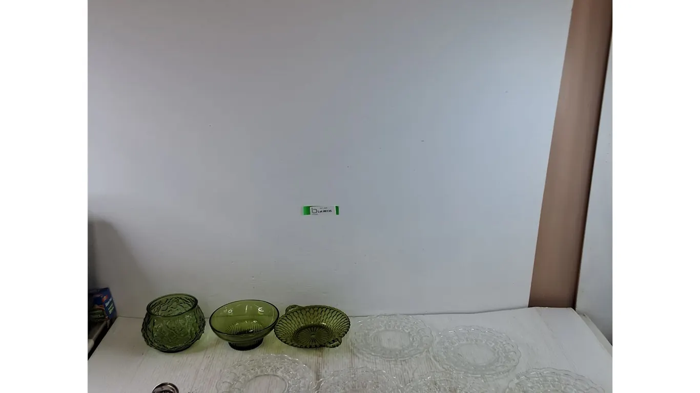 (3) Green Glass Bowls, (7) Glass Plates, Spoon, Ladle, Spoon, Pastry Server