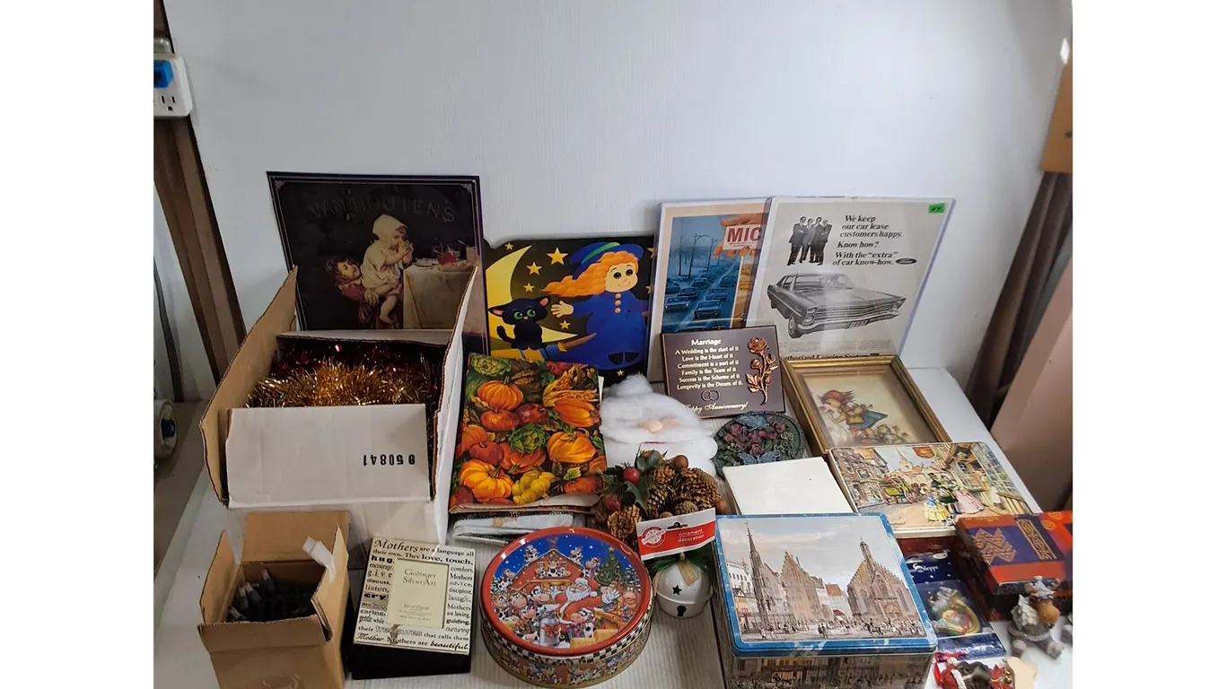 Large Lot of Assorted Decor (Christmas, Halloween, String Lights, Tins, Posters, Table Cloths)
