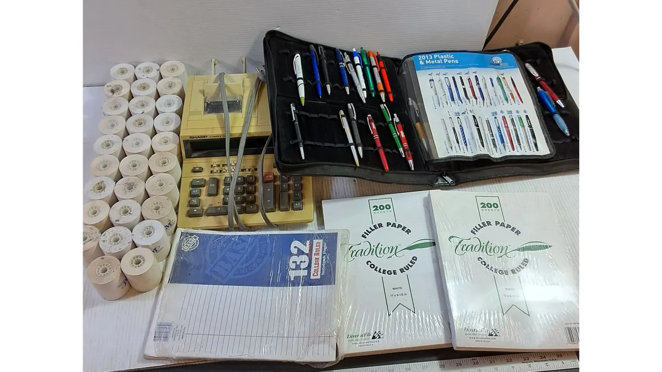 Sharp Compet Printing Calculator w/ Paper Sheets, Binder, Pens, Paper