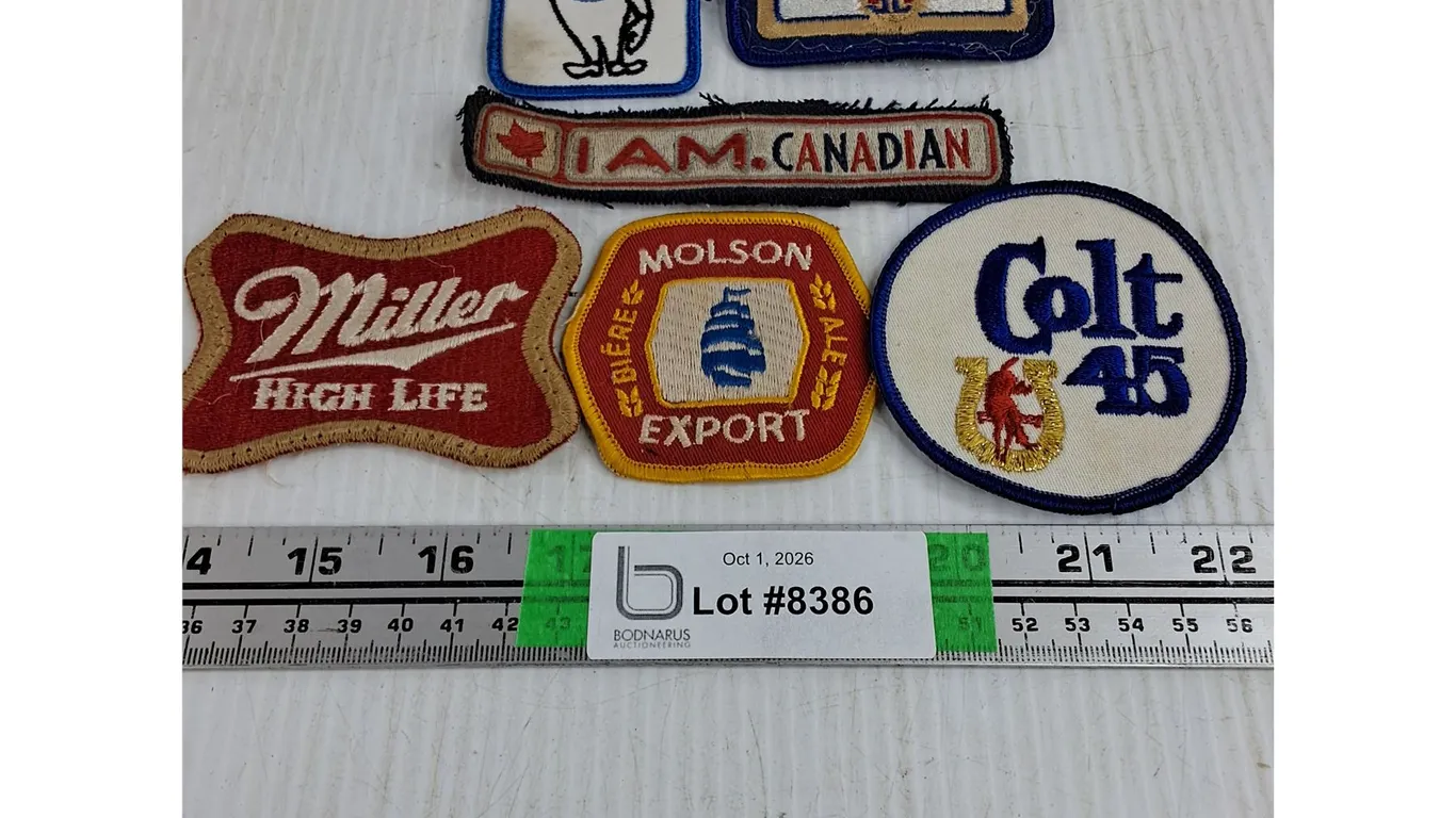 (6) Vintage Patches-ESSO,Labatts,Colt 45,Miller,Molson