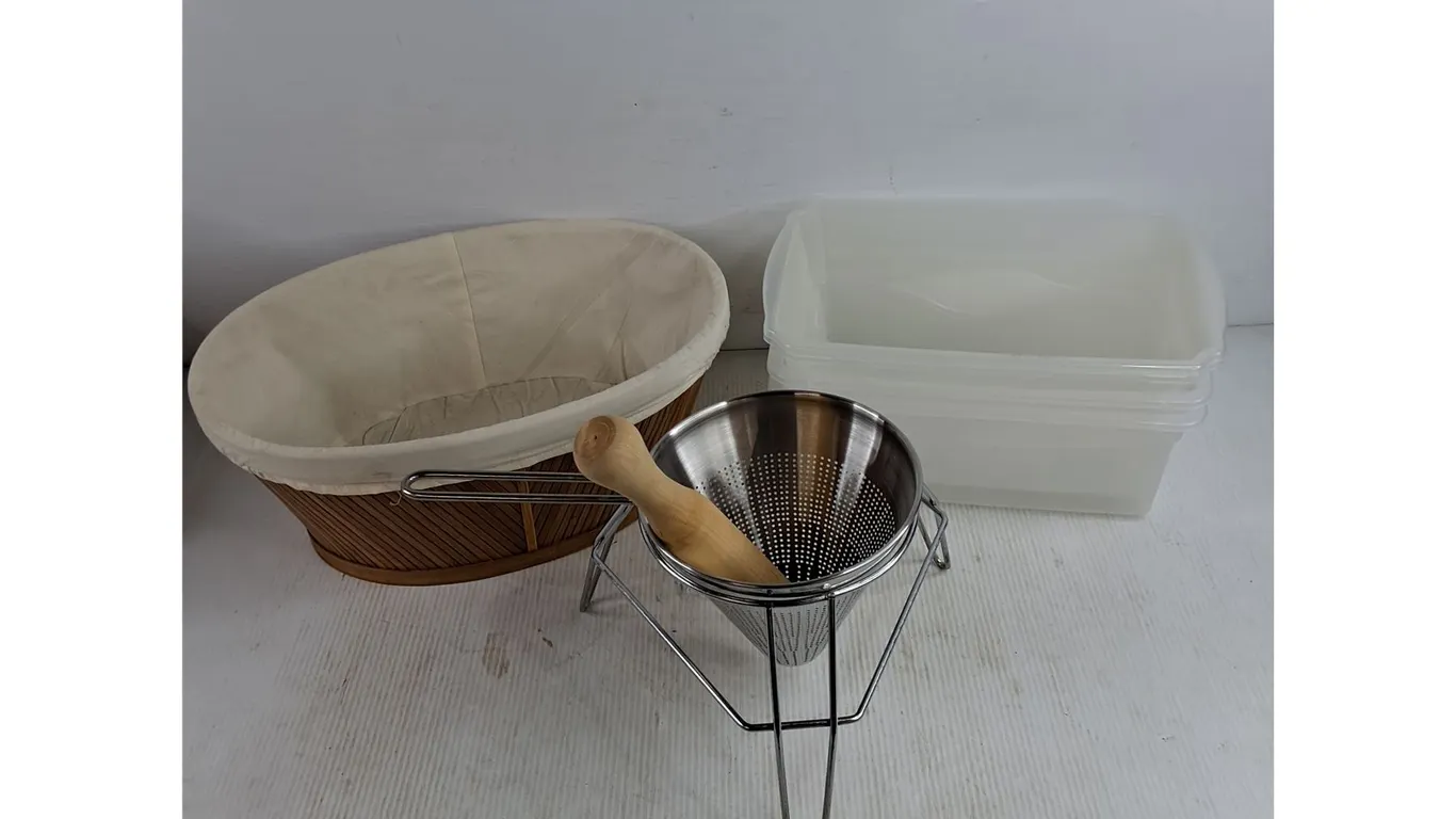 (3) Plastic Containers, Basket, Food Press Sieve