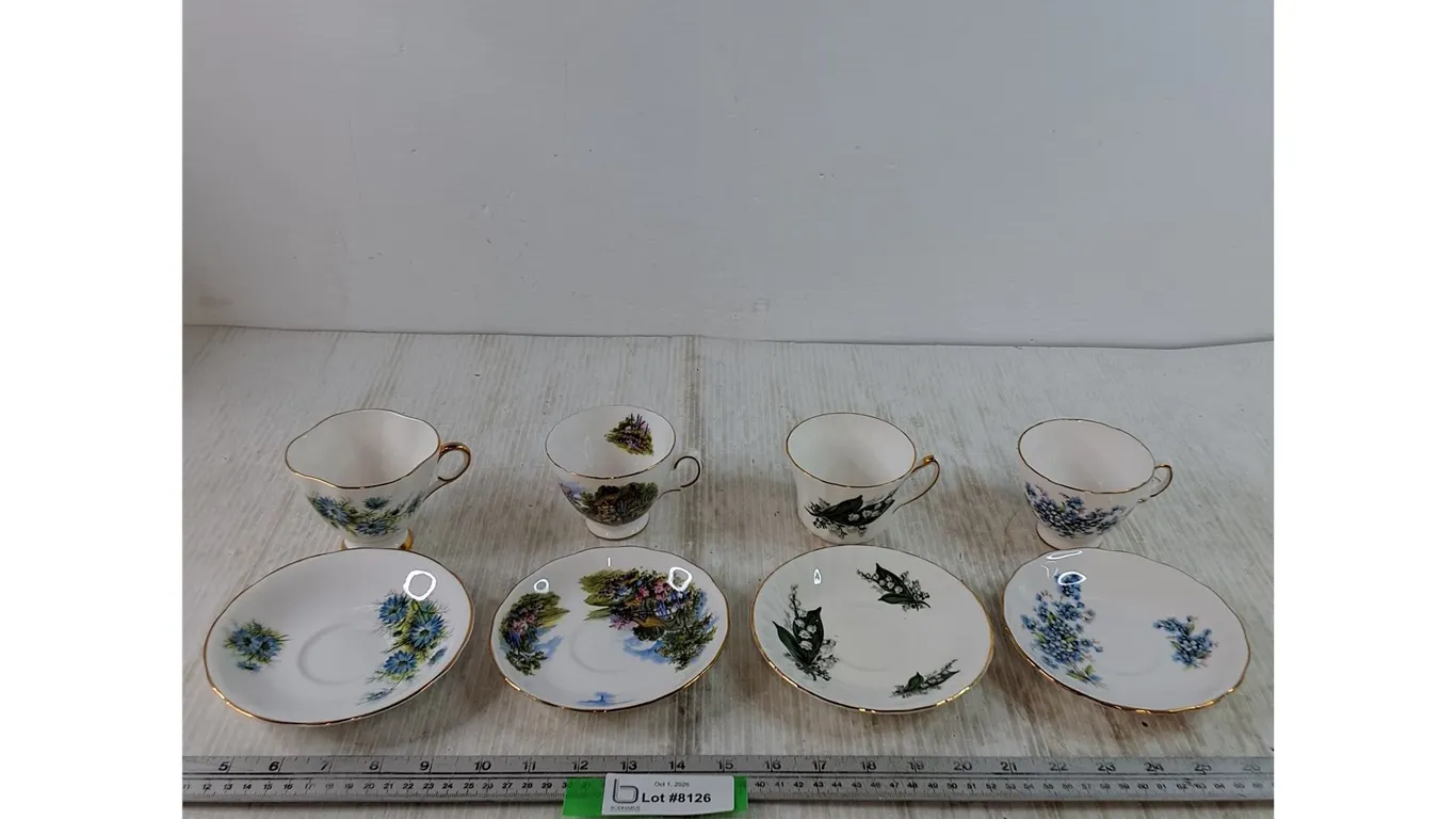 (4) Teacups with Saucers, (1) Windsor, (2) Royal Vale, (1) Delphine
