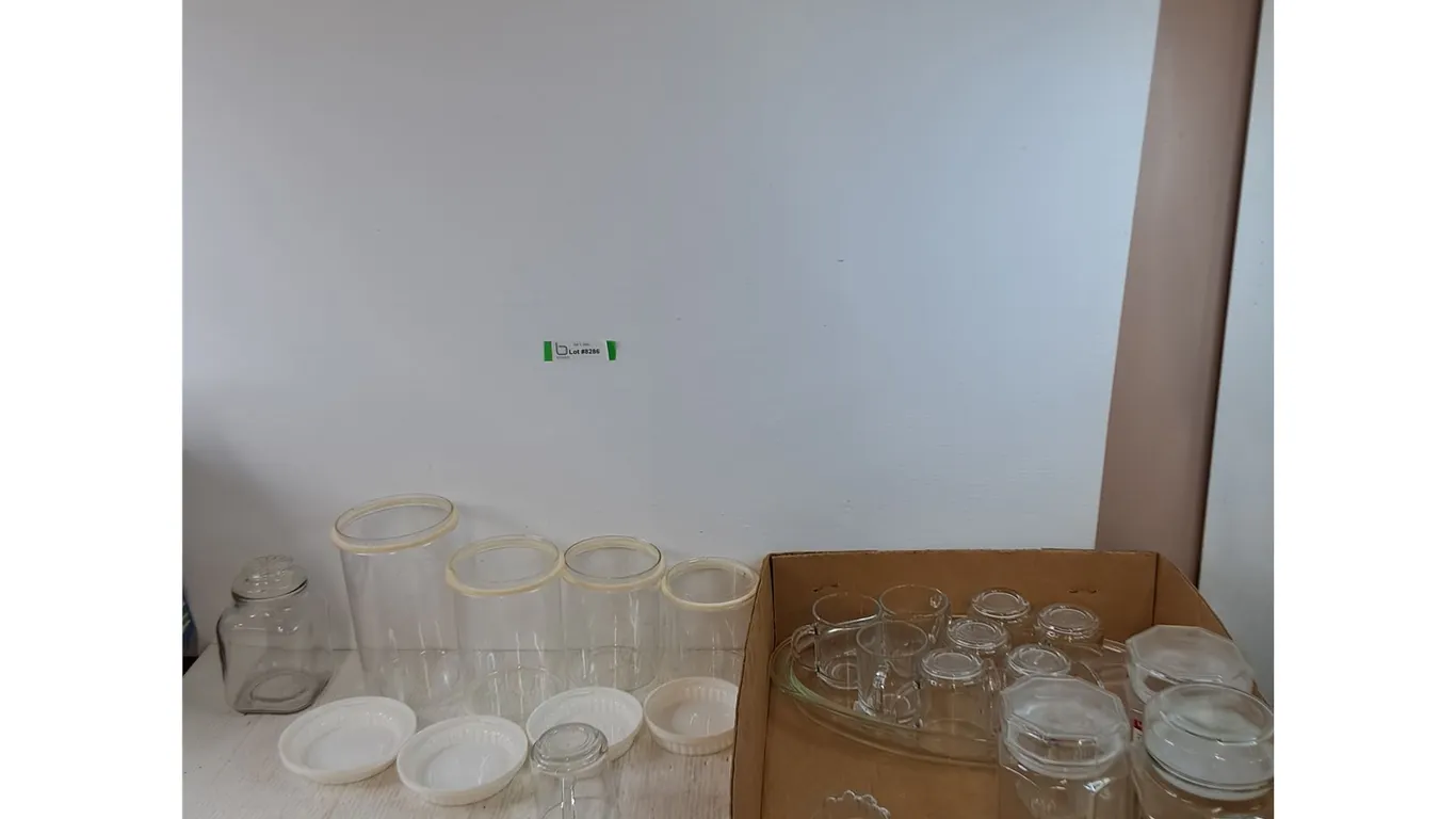 (4) Glass Jars, (10) Kig Coffee Cups with Platter, (4) Plastic Jars with Lids