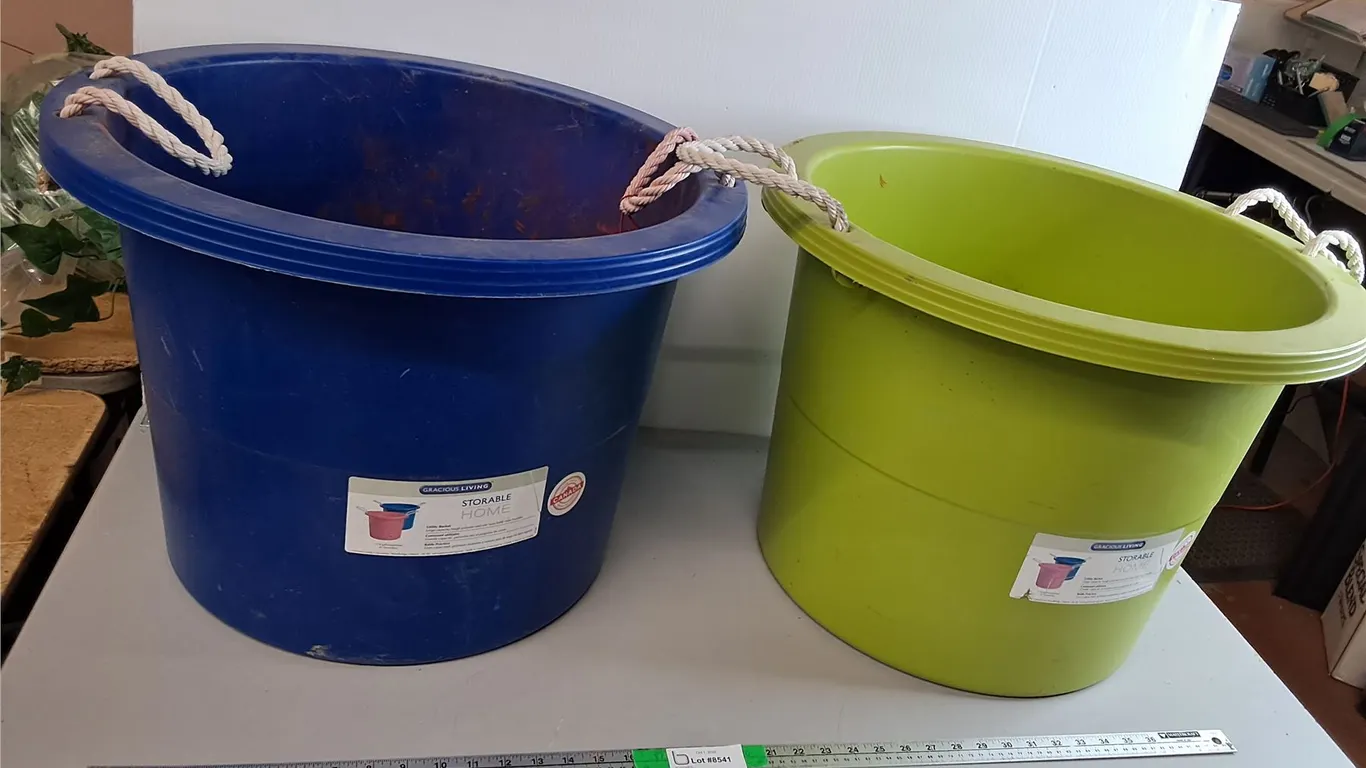 **(2) 67 L Plastic Utility Buckets- Can't Ship 22.25" Diam. x 16.5" Tall