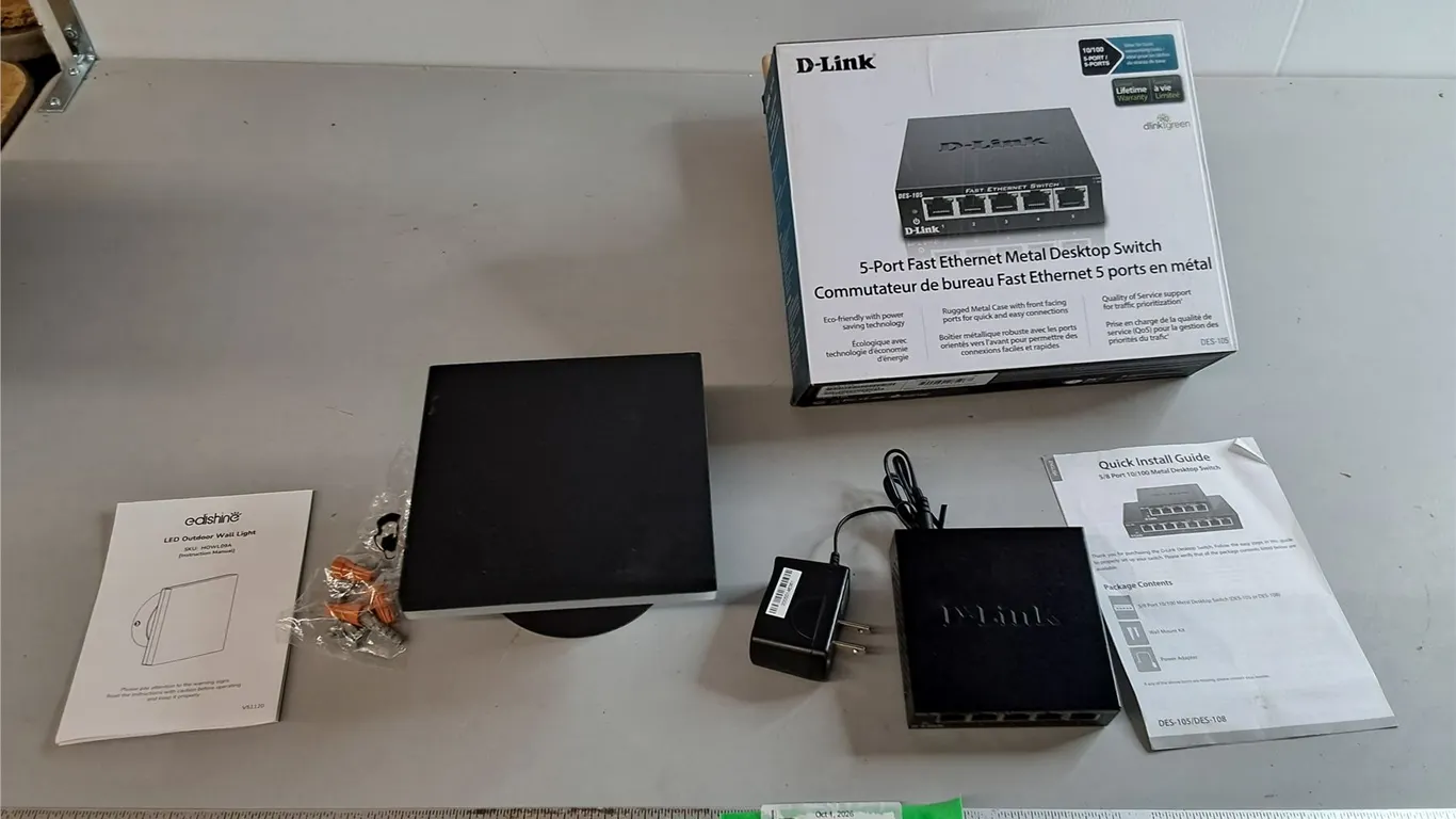LED Outdoor Wall Light & Ethernet Desktop Switch- Powers On