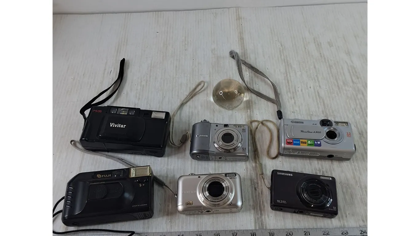 (6) Cameras, Fuji, Vivitar, Canon, Samsung All Untested, Glass Orb As-Is