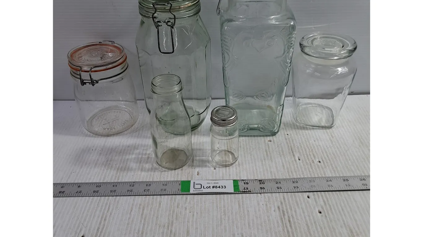 (4) Glass Canisters with Lids, Bottle,Jar w/lid