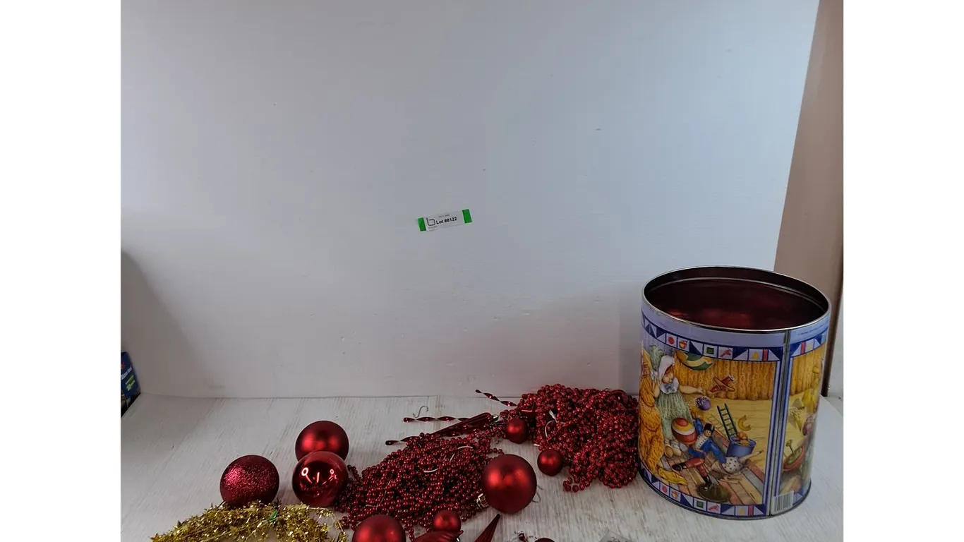 Assorted Red Christmas Baubles and Hooks, Ornaments, Beads, (2) Angels, (1) Nativity Scene, Storage