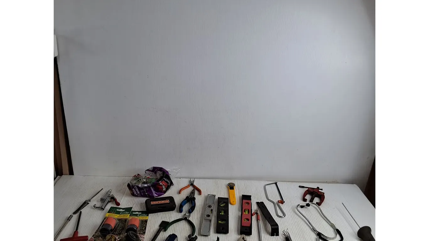 Tray Of Automotive Hardware; Mechanics Stethescope, Pliers, Levels, Misc