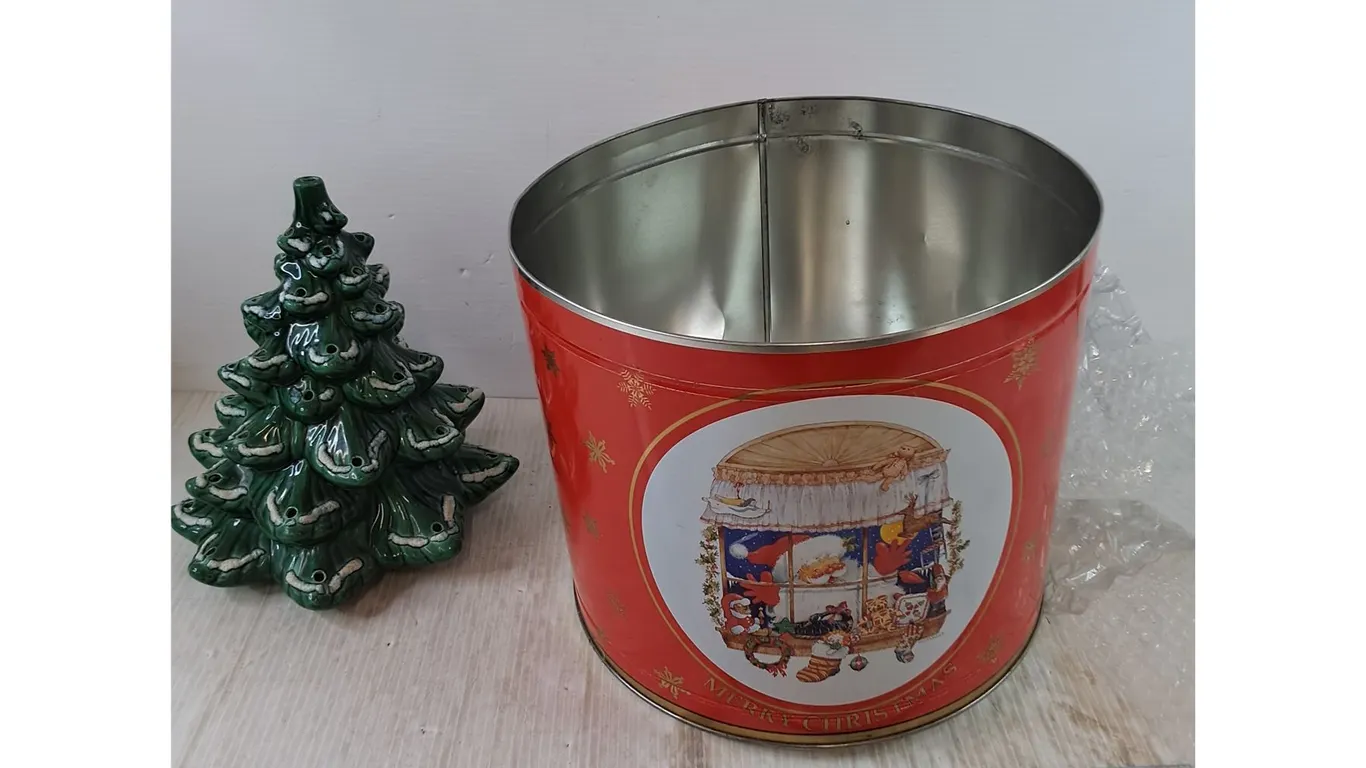 Christmas Tin Container with Ceramic Tree Body