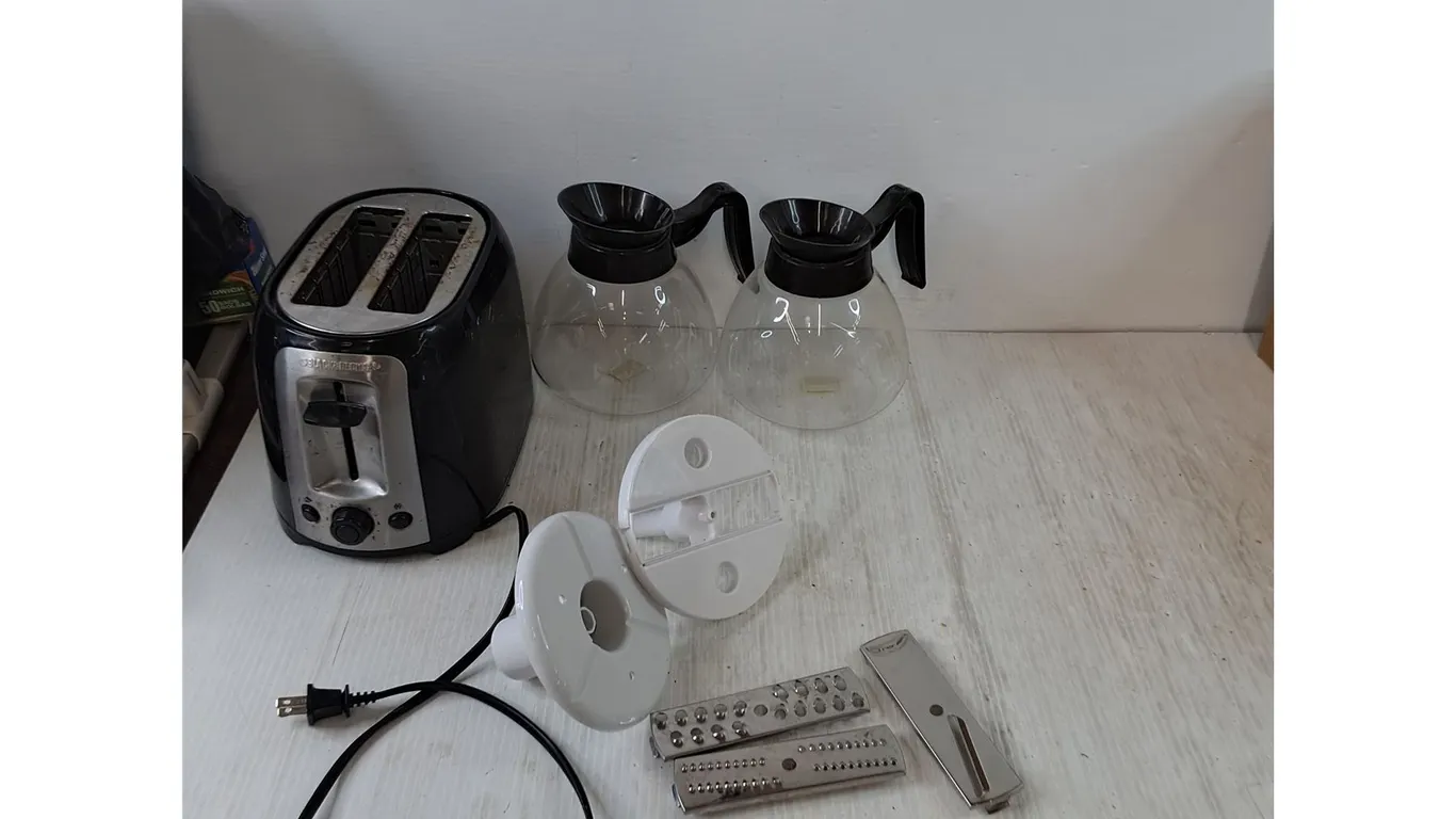 Black & Decker Toaster Tested Works, (2) Coffee Pots, (2) Food Processor Discs, (3) Shedding Blades