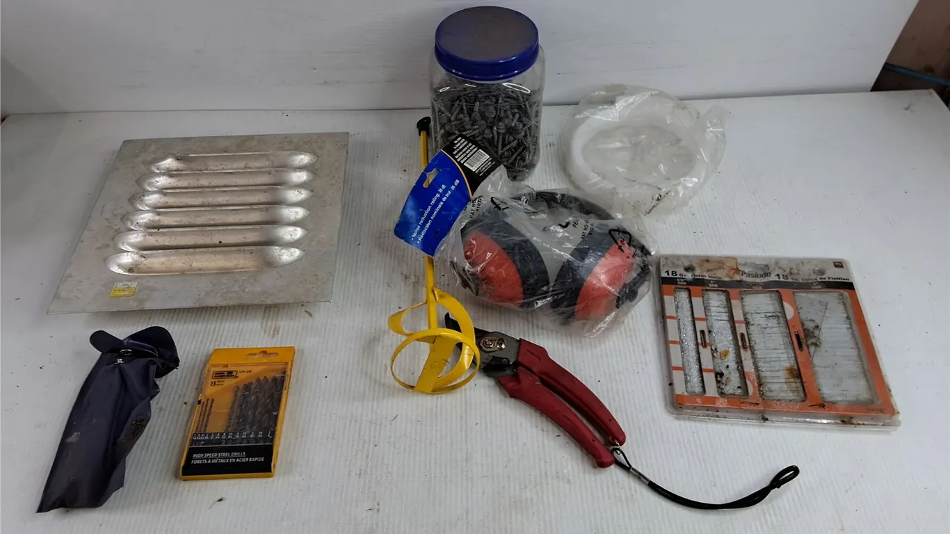 Pruning Shears, Drill Bits, Screws, Vent Cover, Hearing Protection, Misc