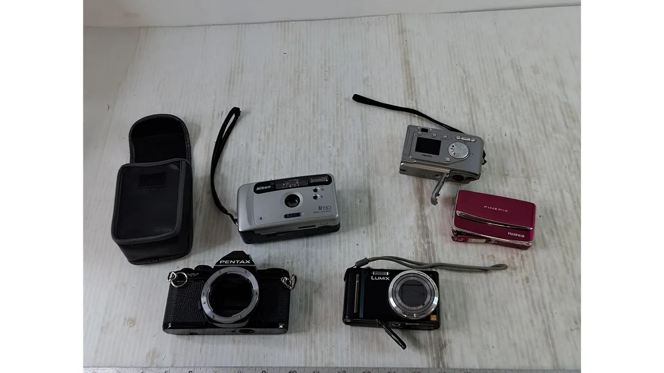 (5) Cameras, Pentax As-Is, Lumix, (2) Fuji Finepix, Nikon AF230 with Bag All Untested