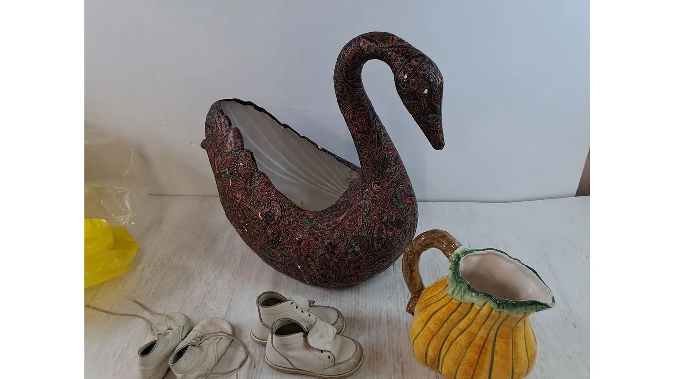 Fiberglass Swan, Ceramic Pitcher, (2) Pairs of Small Baby Shoes ~4 1/2"