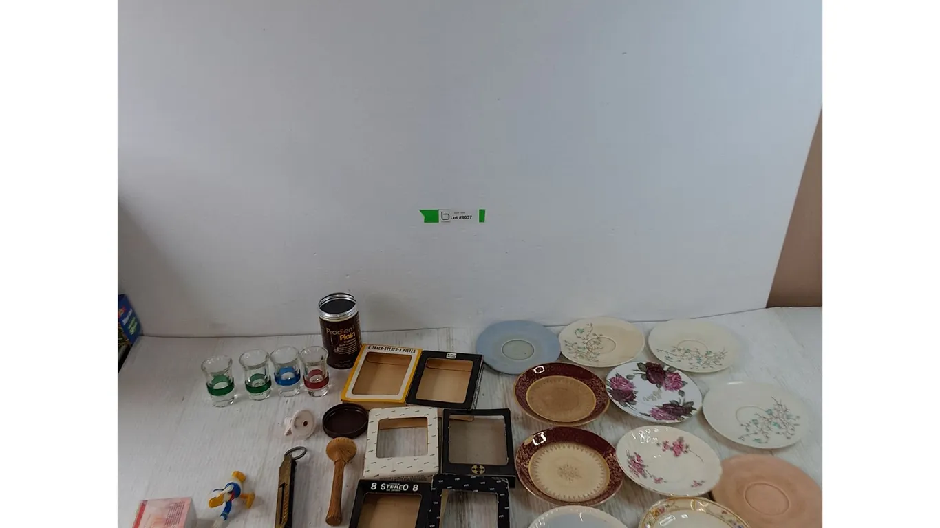 (6) 8-Track Boxes, Donald Duck Figure, (60+) 72, Pocket Balance, (11) Assorted Plates (4) Shot Glass