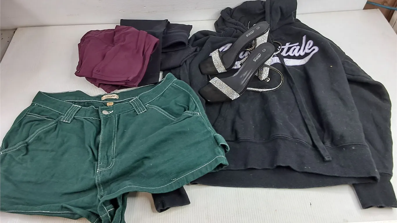 Denim Shorts, Heels - Size 7, Leggings & Bunny Hug - Size M
