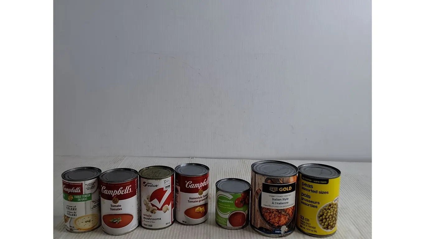 (7) Canned Foods; Soup, Peas, Tomato Sauce, Misc