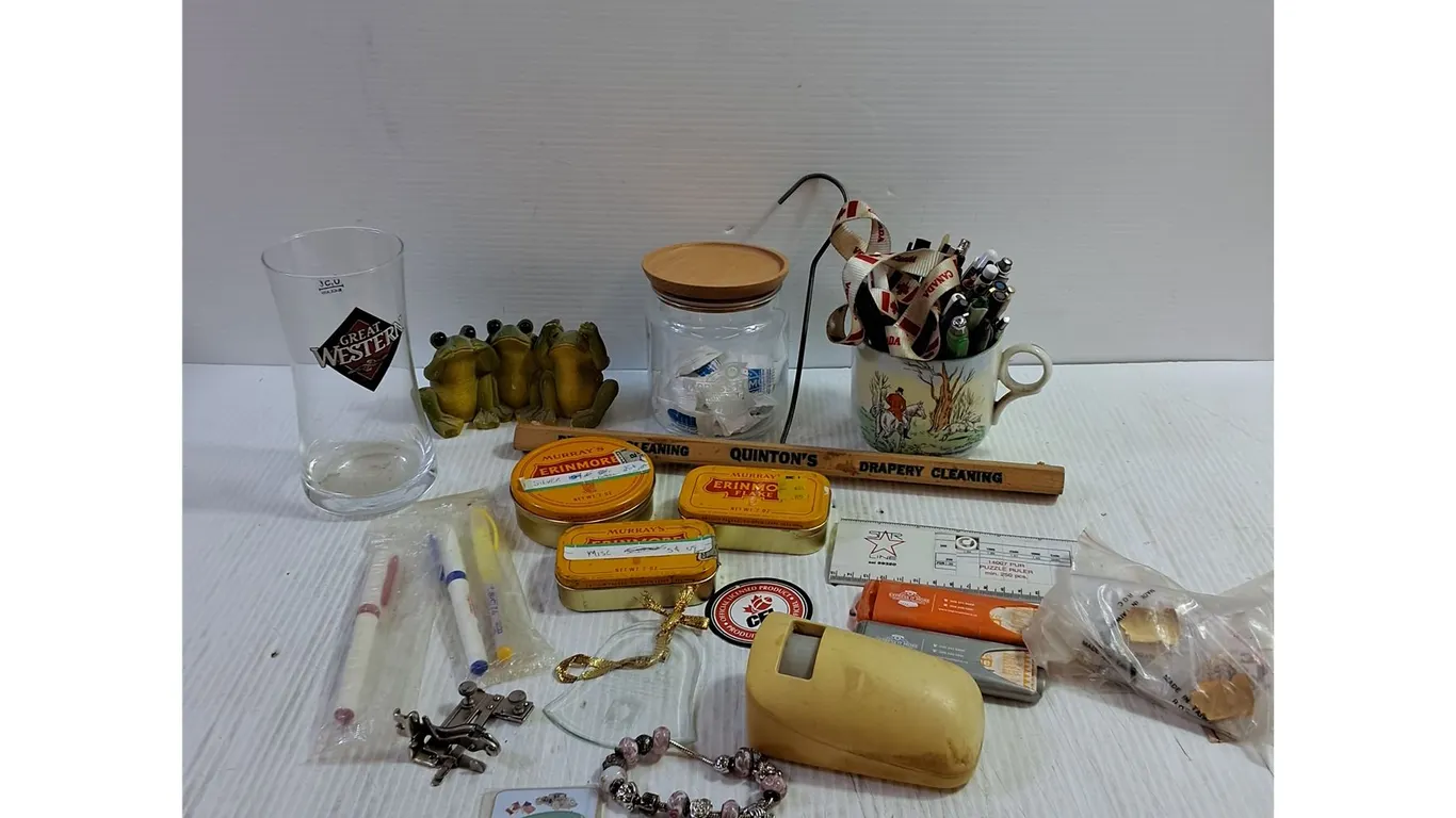 Pens/Markers, Frog Decor, Tins, Great Western Glass, Misc