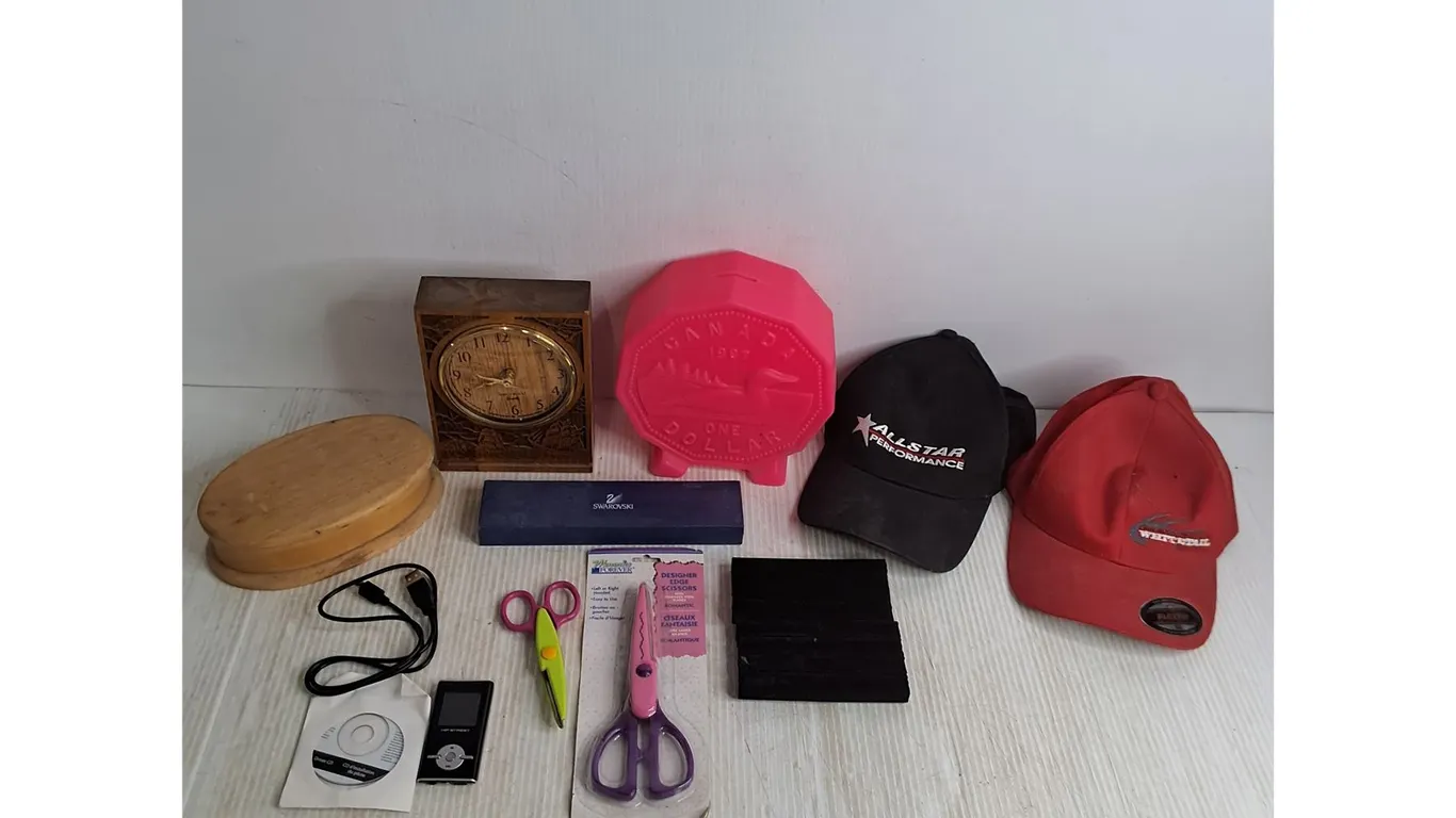 Loonie Coin Bank, Mantle Clock, Ball Caps, Hip Street Digital Audio, Edge Scissors, Misc.