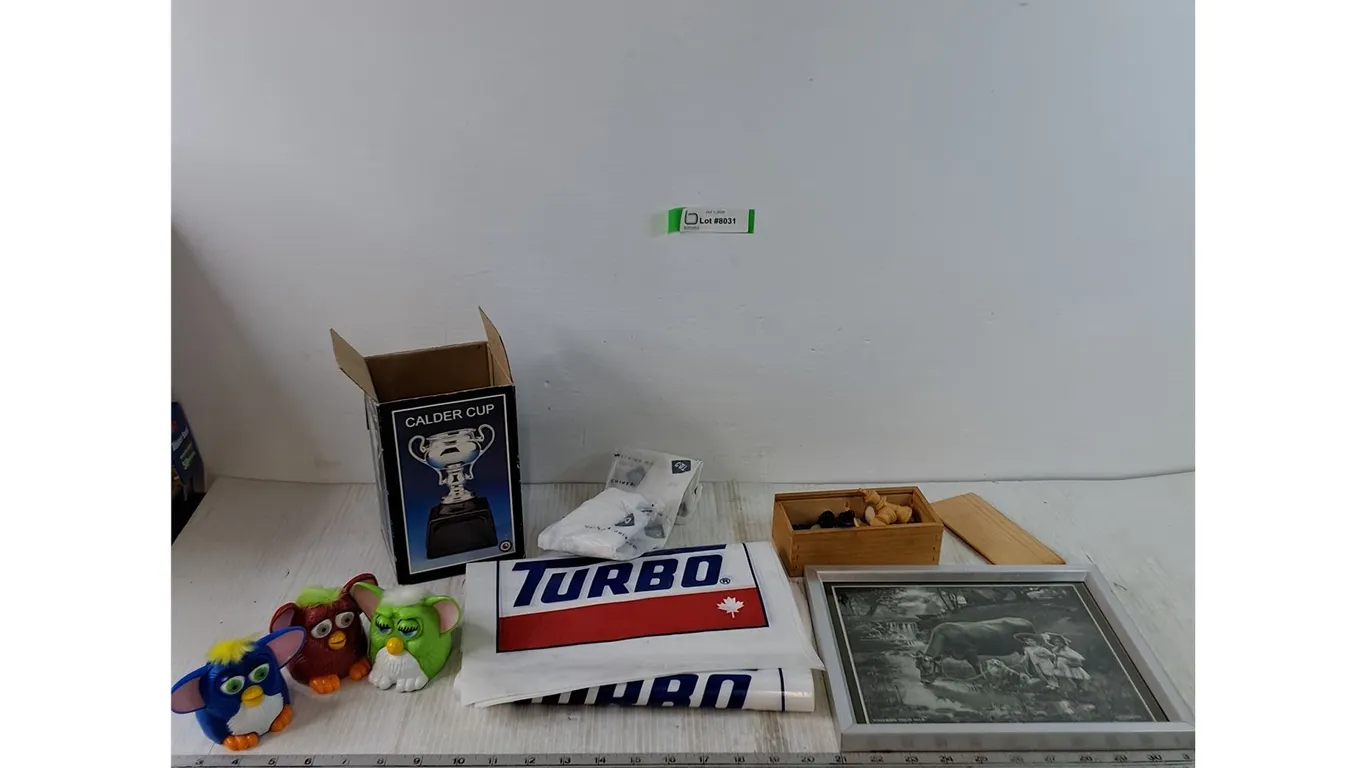 (10+) Turbo Bags, (3) McDonald's Furby Toys, Picture Frame, Wooden Chess Set and Container