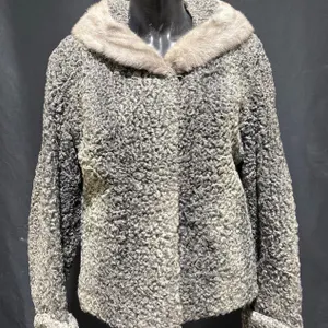 Gray Persian Lamb Fur Jacket with Light Fur Collar and Patterned Lining