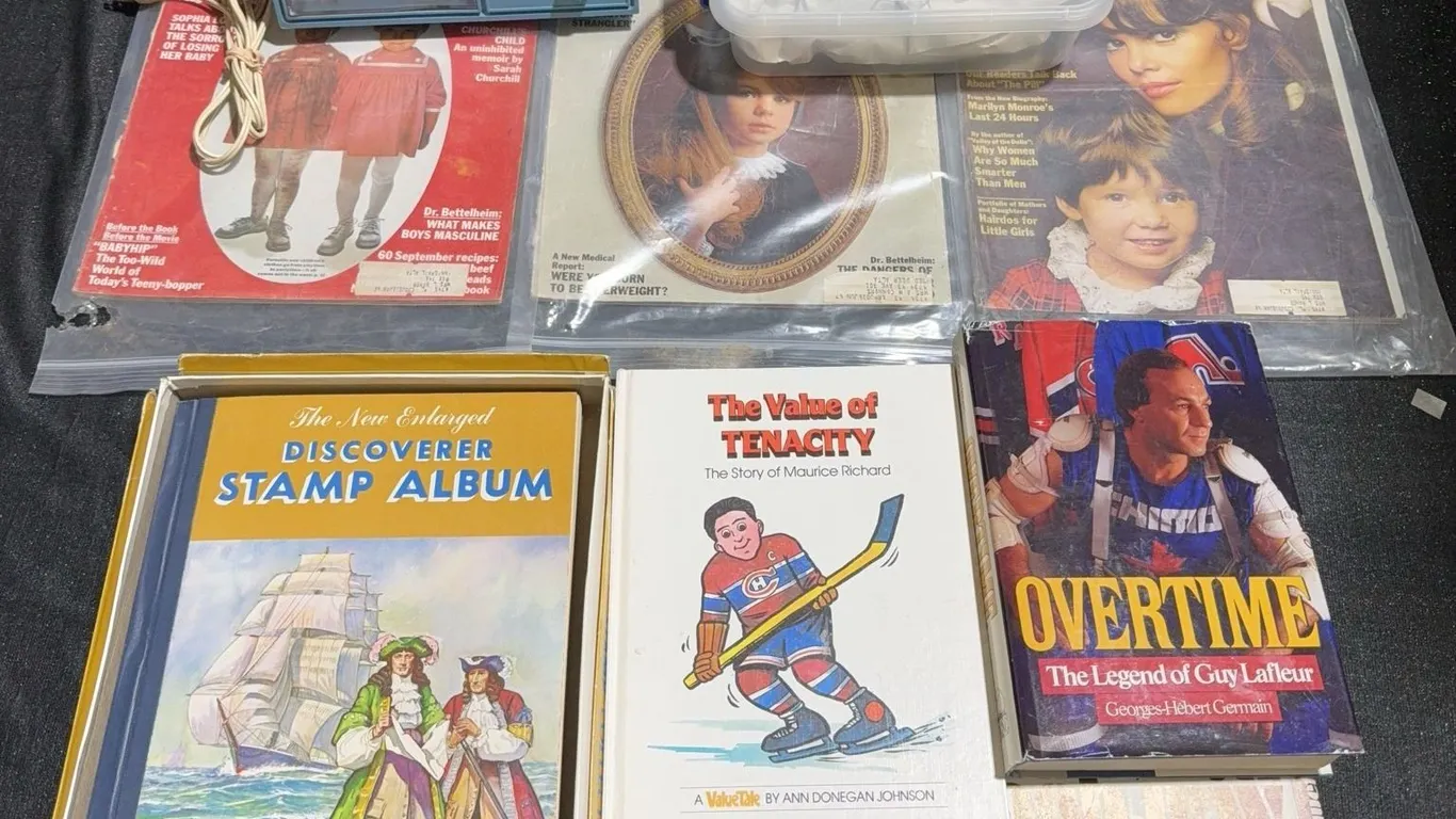 Collectibles: Stamp Album, Books, Vintage RCA Clock, Crystal Figurines