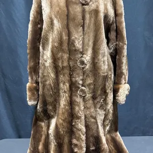 Full-Length Brown Fur Coat with Floral Lining and Monogram