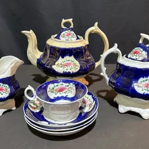 Gaudy Welsh Porcelain Tea Set with Teapot, Sugar Bowl, Creamer, Cup and Three Saucers