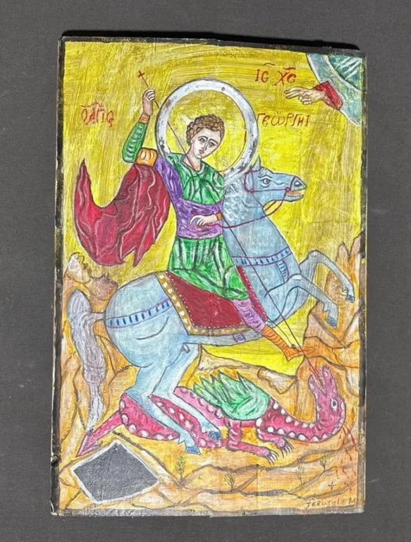 Hand-Painted Icon Depicting St. George Slaying the Dragon
