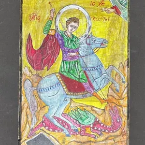 Hand-Painted Icon Depicting St. George Slaying the Dragon