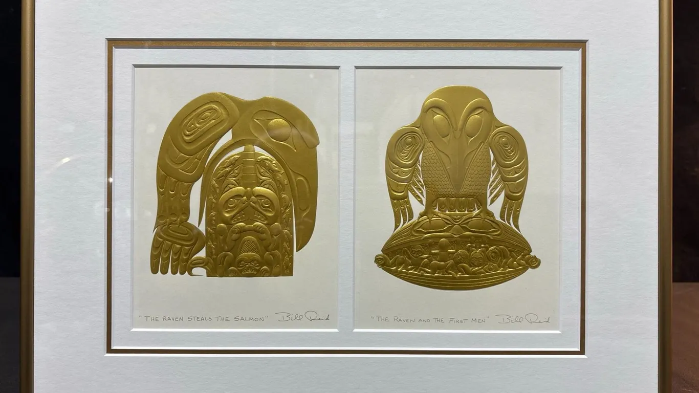 Bill Reid Gold Foil Embossed Art - The Raven Steals the Salmon & The Raven and the First Men