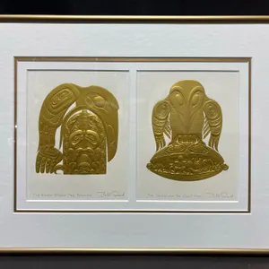 Bill Reid Gold Foil Embossed Art - The Raven Steals the Salmon & The Raven and the First Men