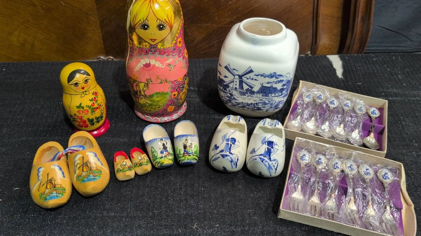 Dutch Themed Souvenirs and Russian Nesting Dolls, Wooden Clogs