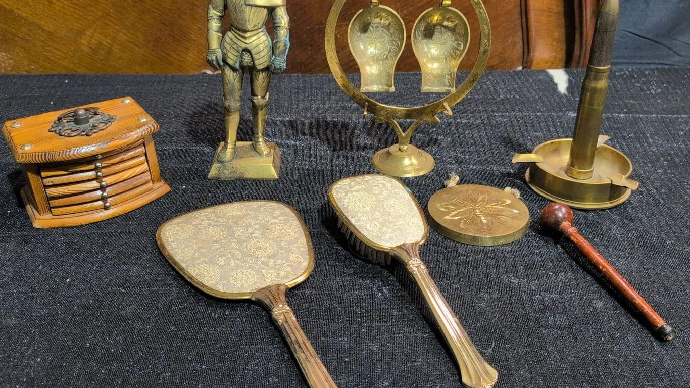 Brass Vanity Set, Military Lighter, Knight Figure, Coaster Box