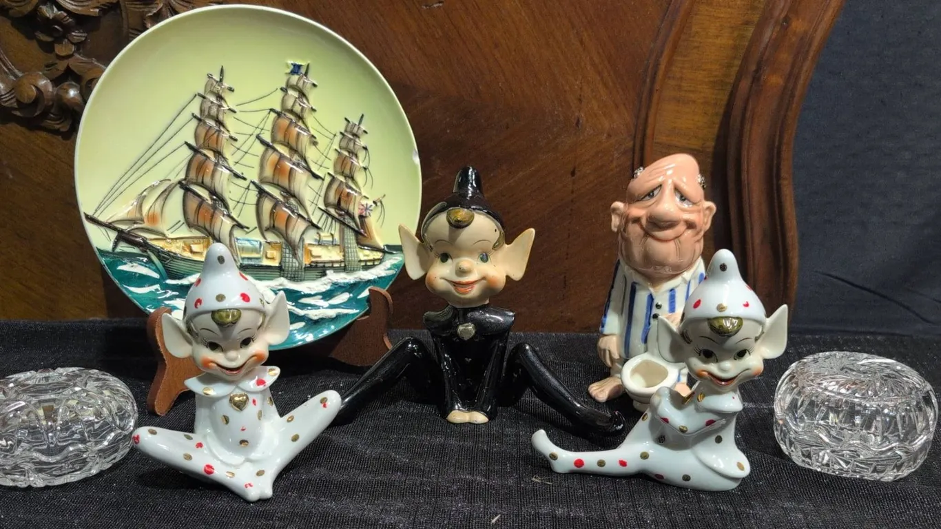 6 Japan-Marked Figural Ceramic Figurines, 2 Cut Glass Dishes, Plate 5955