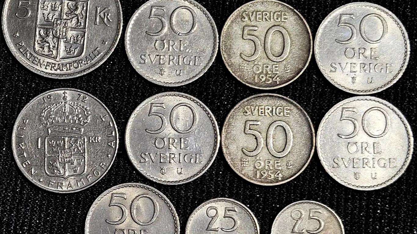 Sweden Coin Lot 5 Kronor 1971, 1 Krona 1972, 50 Öre, 25 Öre Mixed Years Gustav VI Adolf