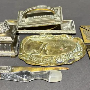 Brass and Metal Desk Accessories Including Inkwell, Paperweight, Letter Opener