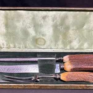 Sheffield England Stag Handle Carving Set with Case: Knife, Fork, Steel