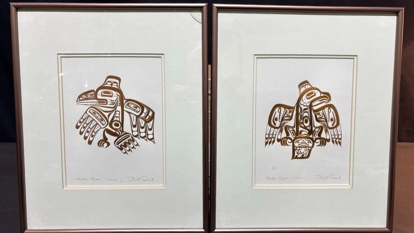 Framed Bill Reid Haida Art Prints: Raven 'XUUYA' and Eagle 'GHUUT'