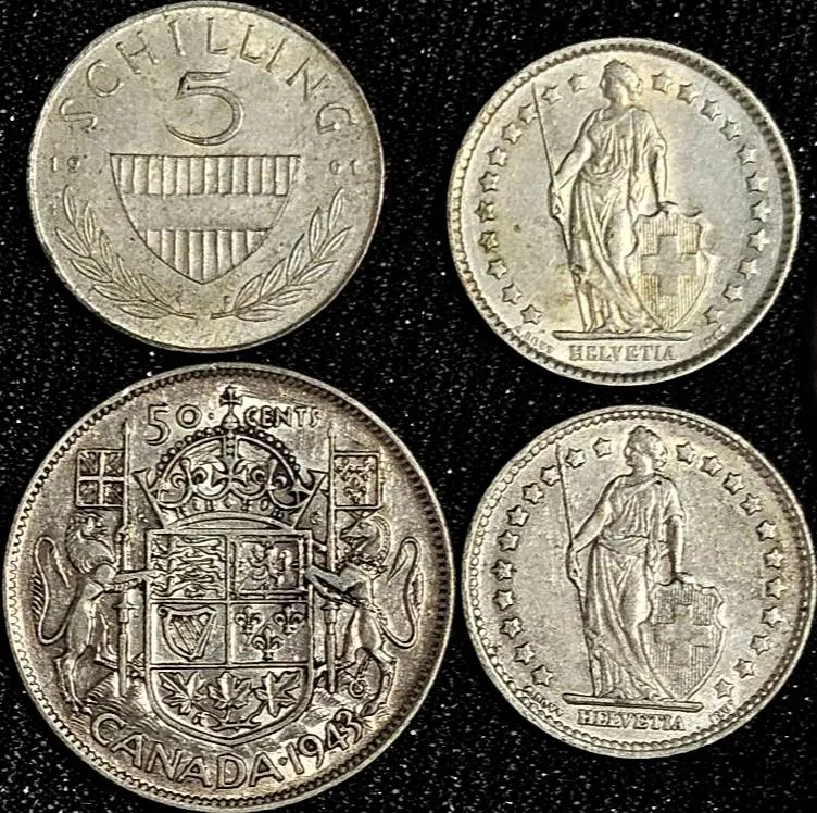 World Coin Group: 1943 Canada 50 Cent Silver, Swiss 1 Franc 1952 & 1963, Austria 5 Schilling