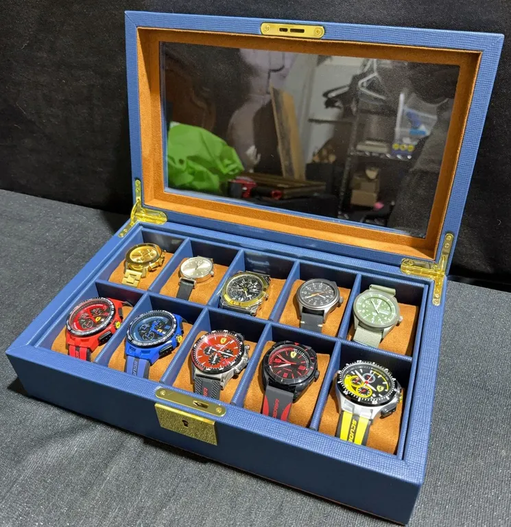 10 Men's Wristwatches Including Ferrari, Timex in Display Case